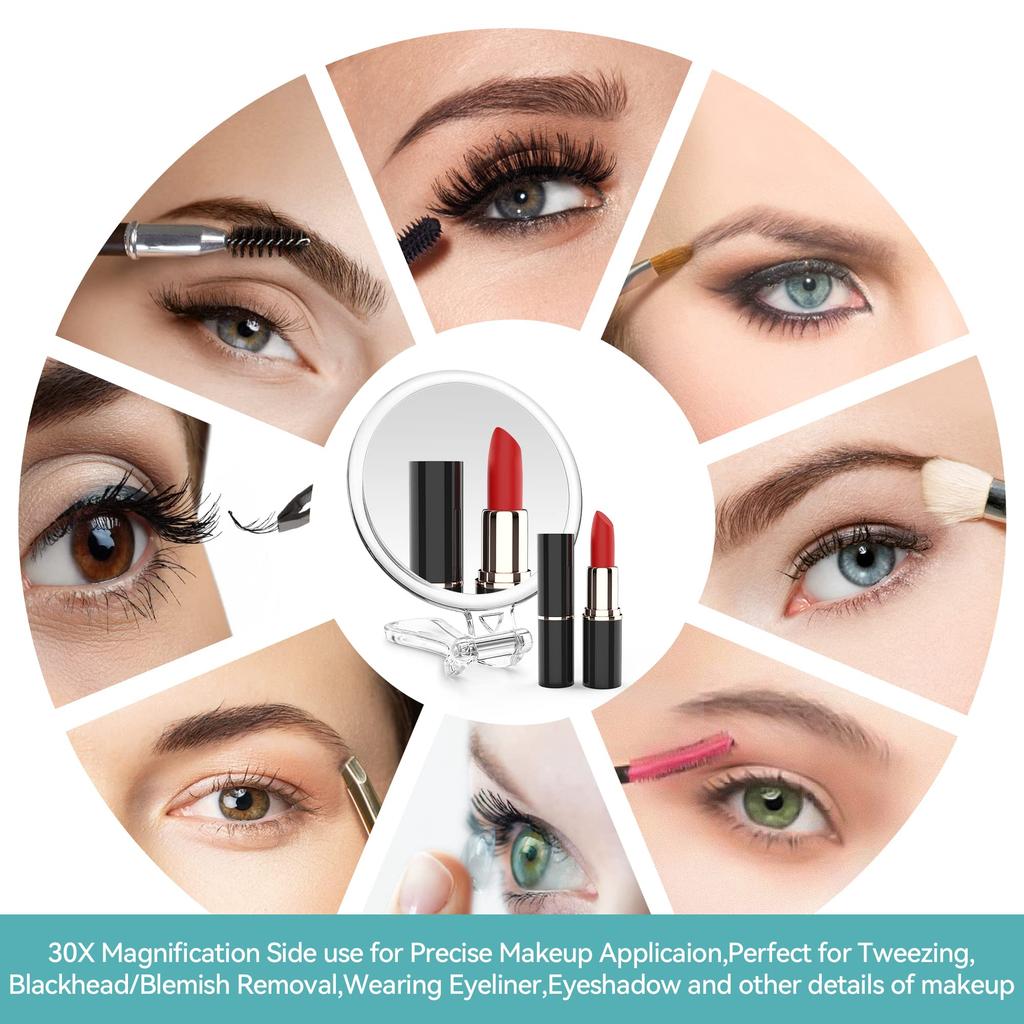 makeup mirror with 30x magnification and 1x stand and hand and easy to round Double-sided magnification, mirror, lightweight, compact, carry,