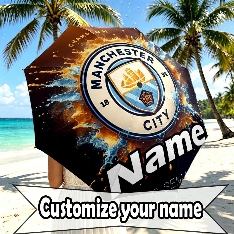 Custom Name Personalized Manchester City FC Print Umbrella, Auto Open Close, 8‑Rib Sturdy Frame, Commute Camping Hiking Use, Birthday Gift
