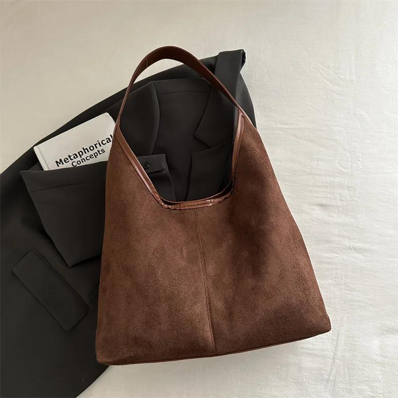 Vintage Faux Suede Tote Bags for Women Large Capacity Shoulder Ladies Underarm Bag Casual Simple Commuter Female Handbags