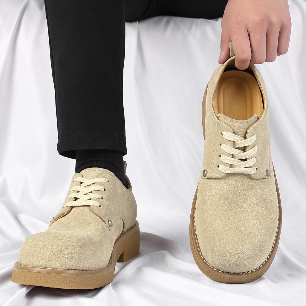 Derby Shoes 2025 New Low-top Cattle Cashmere Men's Retro Tooling Shoes with High Platform and Summer Breathable Fur Shoes