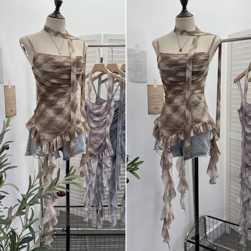 Gradient Print Irregular Ruffled Mesh Camisole Tank Top with Swing Neck and Sleeveless Design