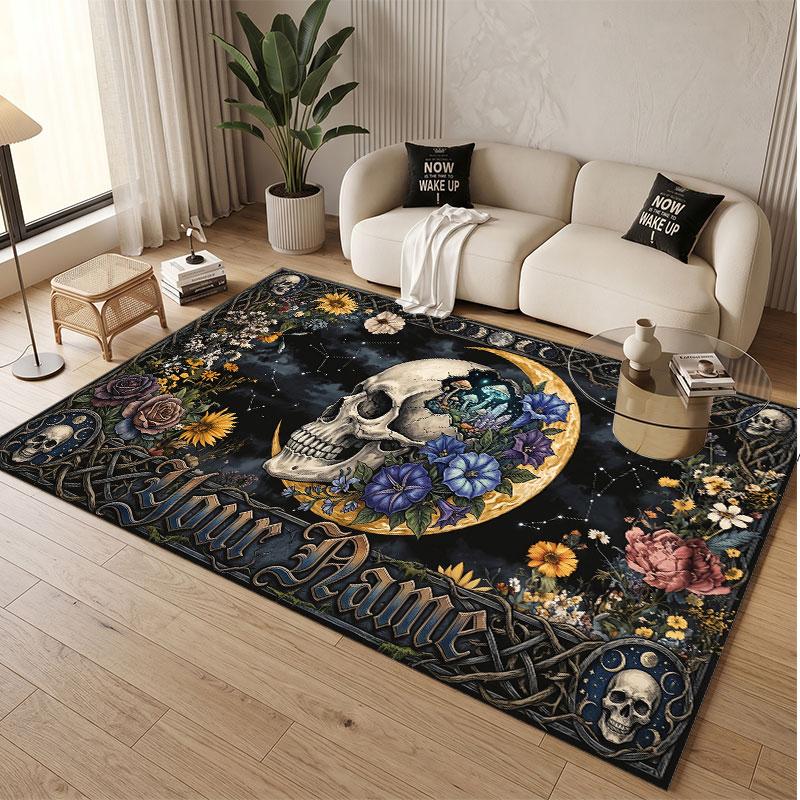 Totenkopf Gothic Thema Weicher Kristall-Samt Teppich Benutzerdefinierter Name & Text Druck Rutschfester Boden Teppich für Schlafzimmer Wohnzimmer