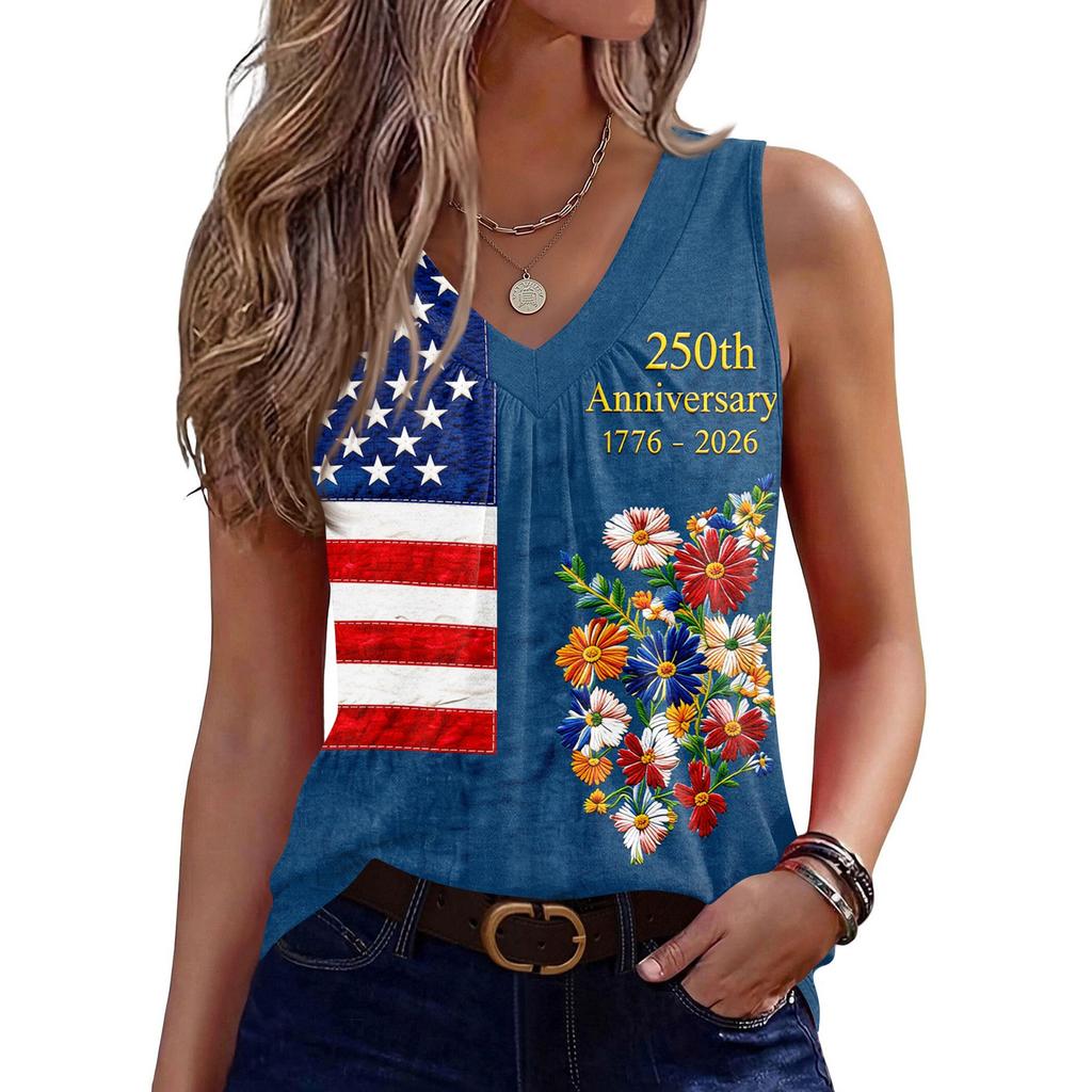 Womens Sleeveless V Neck Tank Top with America Print 1776 2026 Flag Graphic Casual Loose Fit Summer Shirt