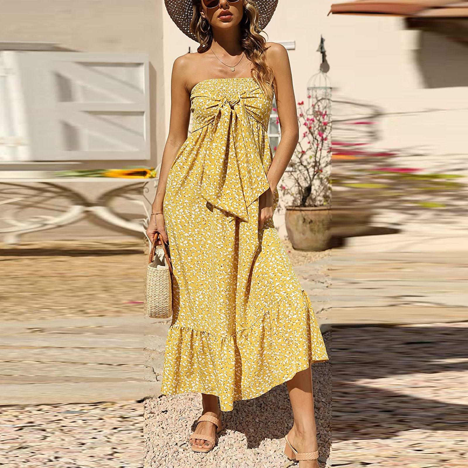 

Женское модное бохо-цветочное платье без бретелек с плиссированным верхом Holloway Beach Holiday M жёлтый