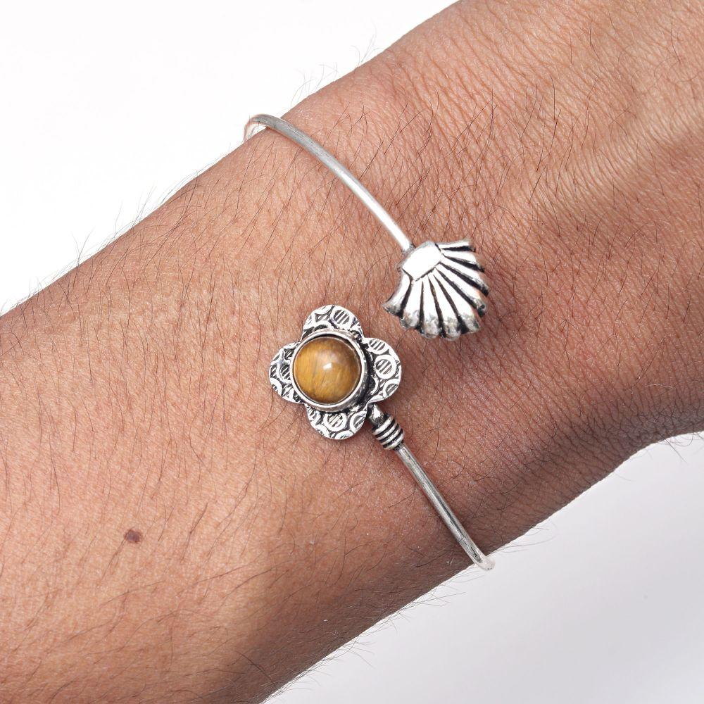 Piatră prețioasă Ochi de Tigru Bijuterii din Argint Lucrate Manual Brățări Manșetă 7'' Ajustabile