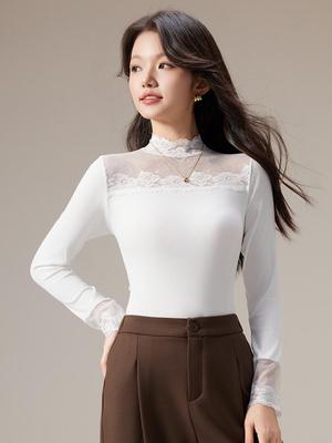 Blusa de Renda Plus Size Feminina - Manga Longa Gola Semi-Alta Base em Tela para Outono/Inverno 2025