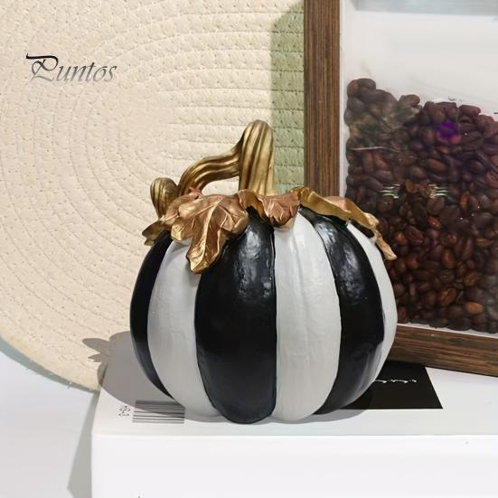 Halloween Pumpkin Decor Black And White Striped Ornament, Retro Style Resin Sturdy Indoor Desktop Decoration Tabletop Centerpiece, Ornament
