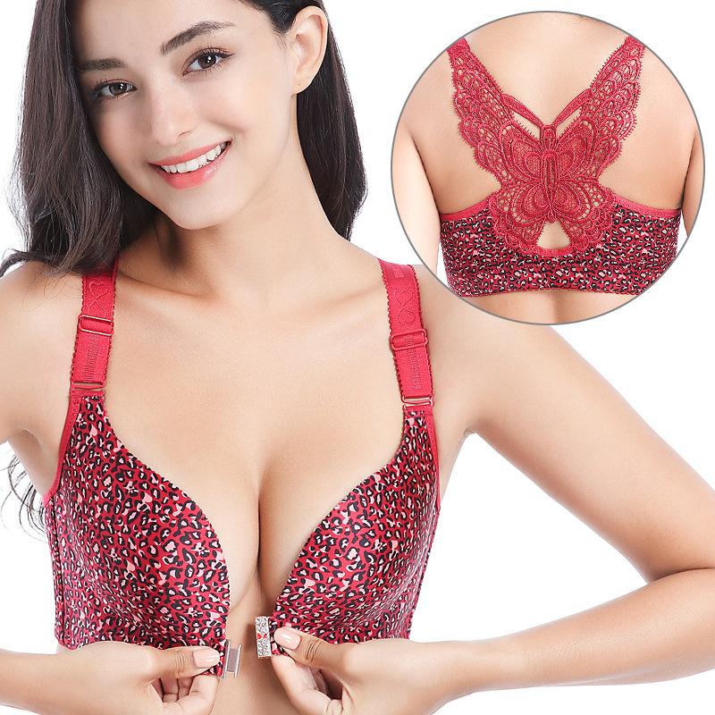 Simple Solid Butterfly Pattern Bra, Comfy & Breathable Buckle Front Underwire Push Up Bra, Women's Lingerie & Underwear