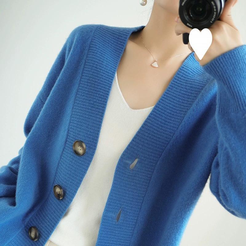 Spring and Autumn Loose Plus Size Cardigan Women's V-neck Knitted Sweater Solid Color Button Lazy Jacket Top