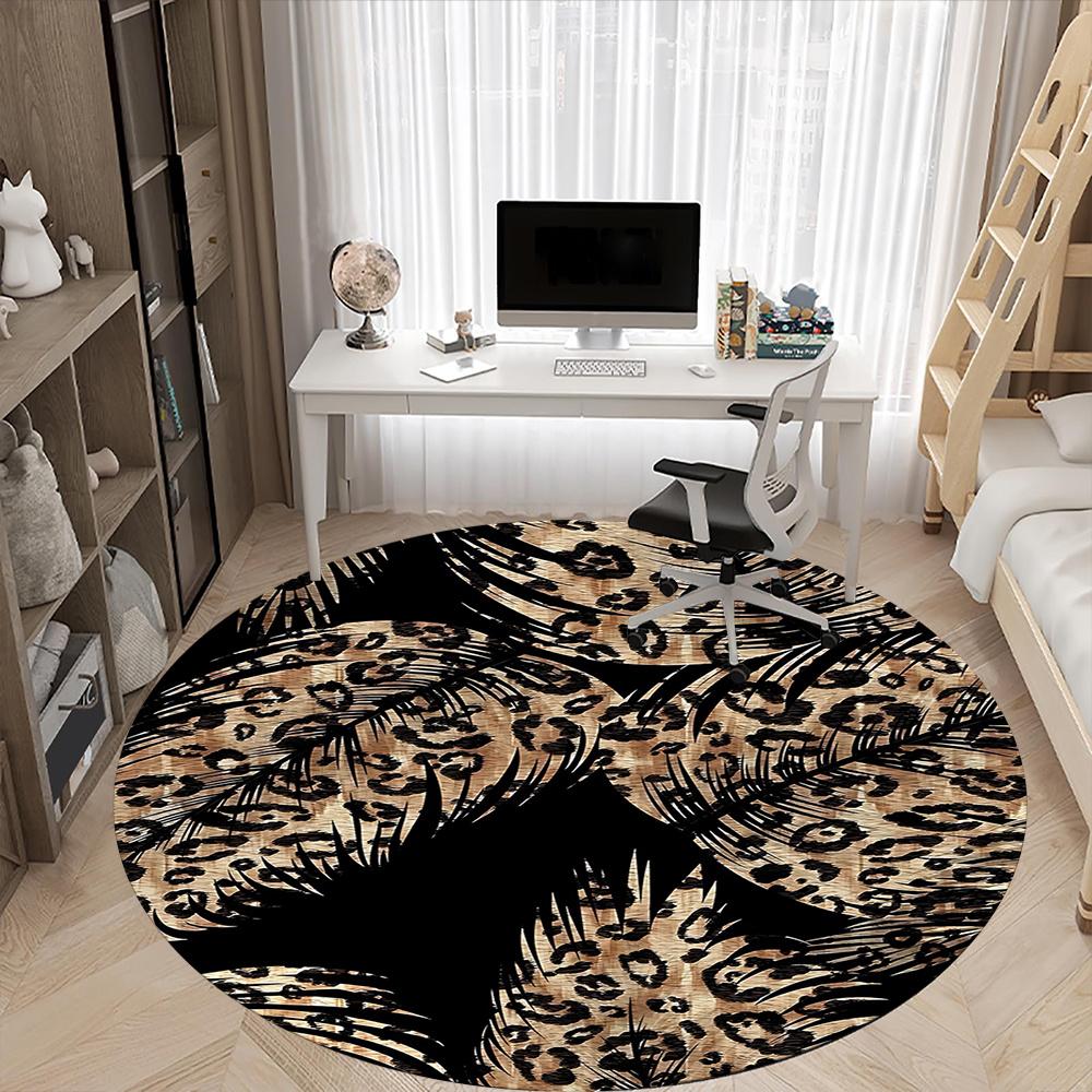 1pc Leopard Palm Office Round Area Rug, Indoor Mat Suitable ForOffice, Under Office Chairs Bedroom Living Room Home Decor, Room Decot112