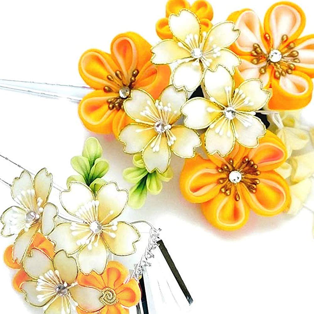 Plaukų papuošalų rinkinys Furisode ceremonija Geltona Sakura Sidabrinis beržas 2 dalių pilnametystės wk-346 Tsumami-zaiku