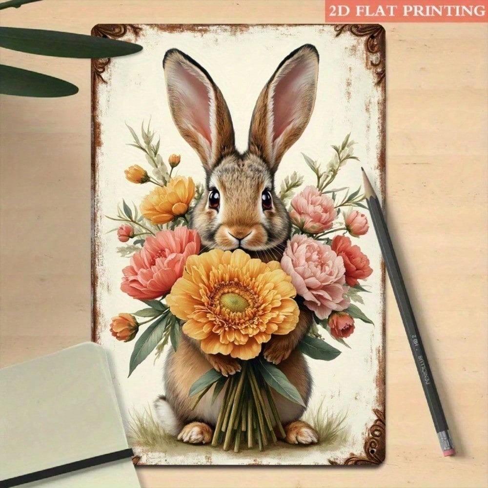 Vintage Shabby Chic Easter Bunny Metal Sign Peach Pink Flowers Farmhouse Wall Art