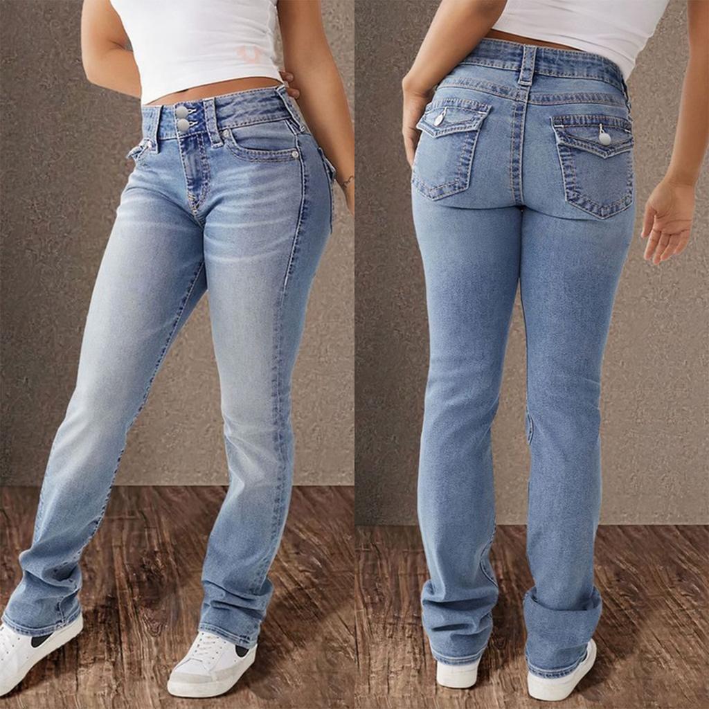 Women's High Waist Washed Women's Jeans Fashionable Versatile Straight Leg Pants
