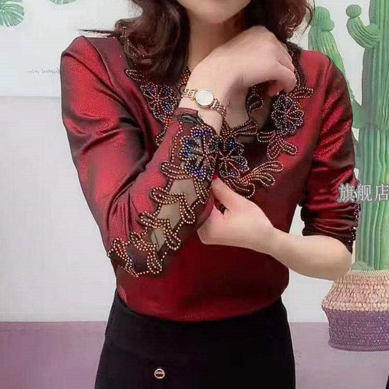 Vintage Fashion Floral Diamonds T-shirt  Spliced Hollow Out Women's Spring Autumn Elegant V-Neck Pullovers