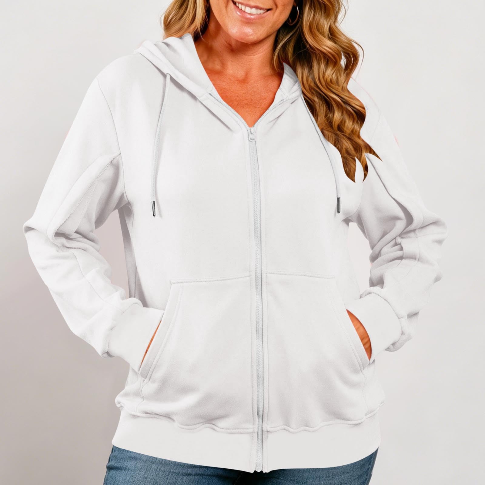 Damen Kapuzenpullover mit durchgehendem Reißverschluss, Daumenlöchern und Kordelzug XL weiß