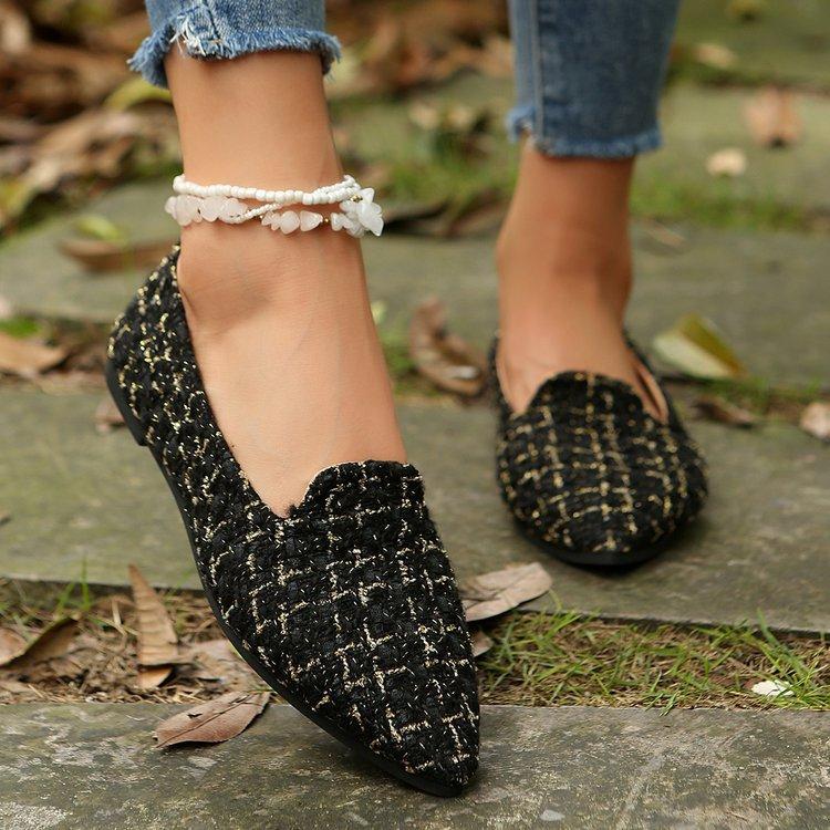 Women's French pointy head checkered flat shoes fashionable versatile commuting outdoor home temperament single shoes Le Fu shoes