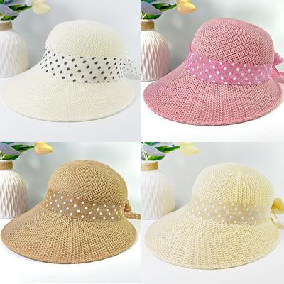Wide Brim Bow Sun Visors Women Dot Linen Bowknot Ribbon Knitted Hollow Panama Cap Girl Summer UV Protection Travel Beach Hat Travel Fashion Versatile