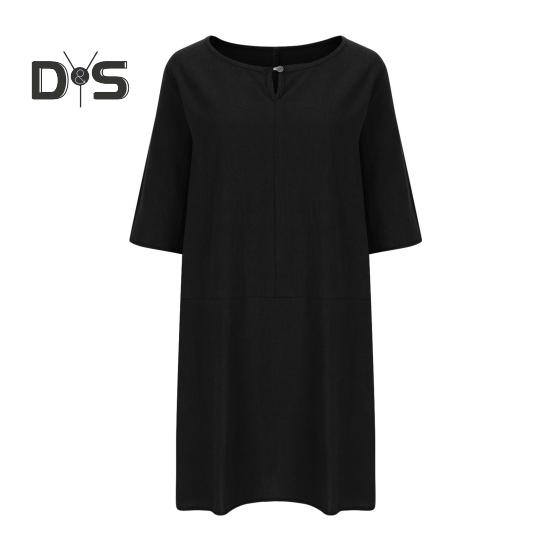 Lockeres Hemdkleid aus Baumwollleinen für Damen, lässiges Midikleid mit 1/2-Ärmeln und Rundhalsausschnitt, Sommerurlaub, Strand, Sommerkleid