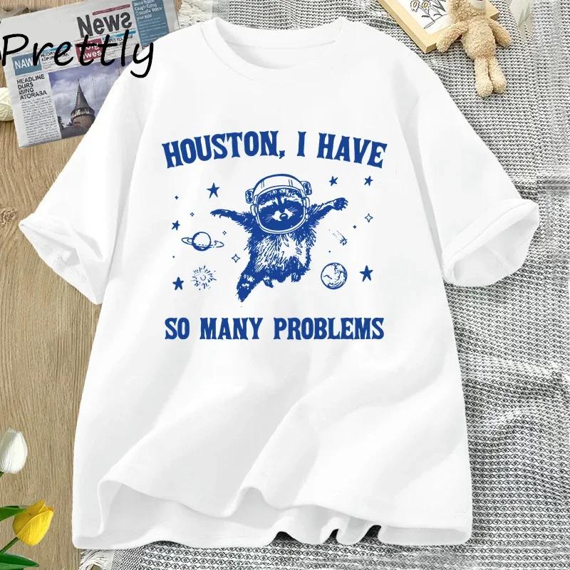 Houston Ich Habe So Viele Probleme T-Shirts Lustiger Waschbär im Weltall Mond Grafik T-Shirts Vintage Baumwolle Kurzarm Damenkleidung