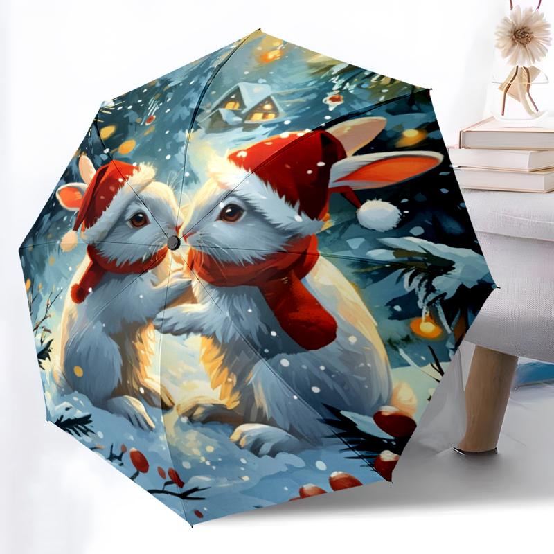 1pc Sturdy 8-Bone Auto Umbrella, Christmas Likable Bunny Umbrella, Digital Printed, Foldable Umbrella for On-the-Go Outdoor Use