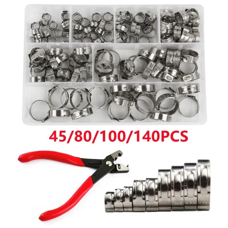 140/100/80/45pcs Stainless Steel Single Ear Stepless Hose Clamps Box Kit for Crimp Pinch Rings Securing Pipe Hose OR 1 Plier