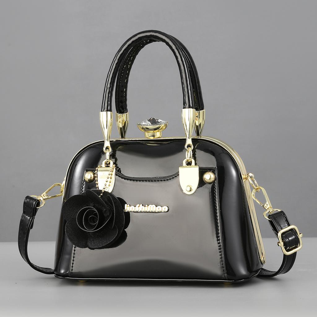 Textured bright leather European and American fashion handbag shoulder bag large capacity messenger bag shell bag dinner bag