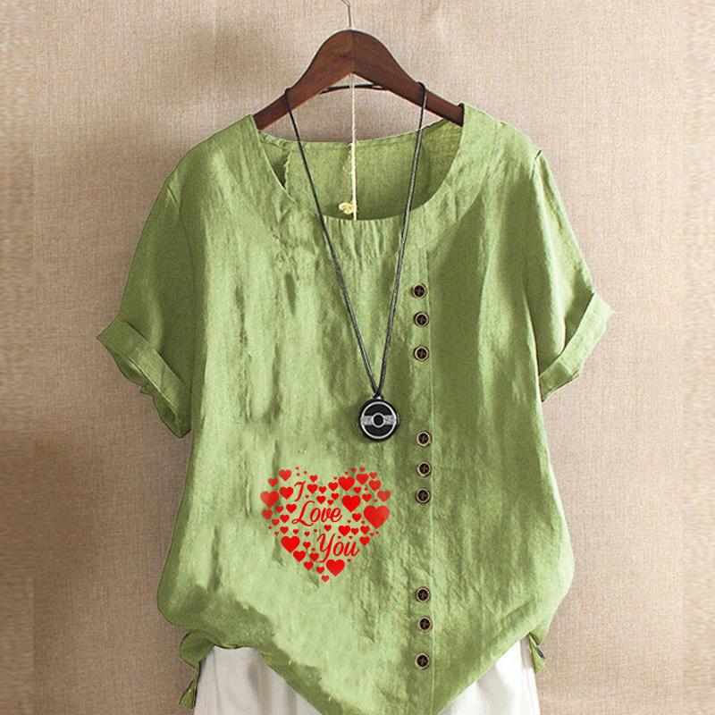 

Женская модная футболка с круглым вырезом и коротким рукавом, повседневная хлопковая льняная рубашка с рисунком, свободная летняя блузка с принтом в форме сердца для отдыха, топы 5XL зелёный