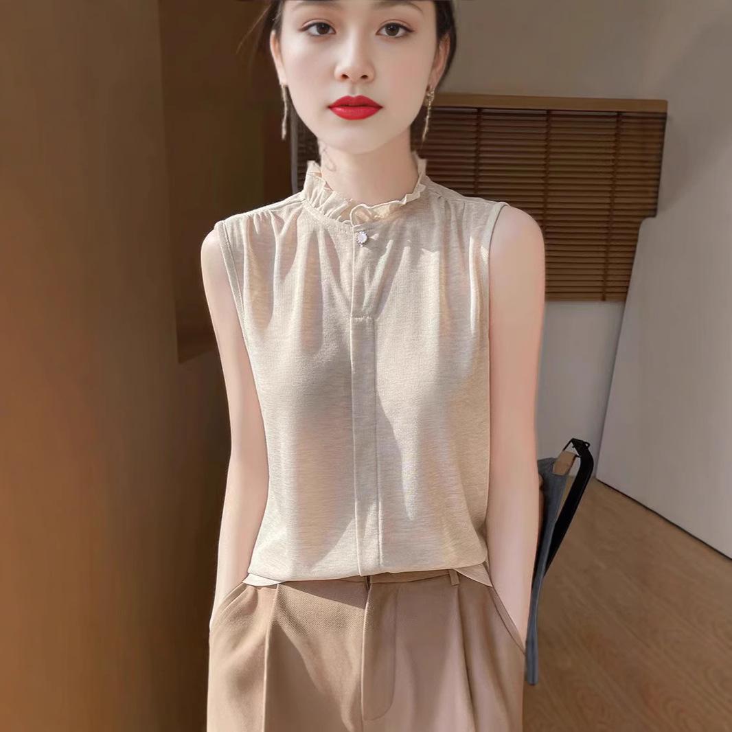 

Французский атласный топ без рукавов с оборками и воротником-жабо - Летняя коллекция высокого класса 2025 L