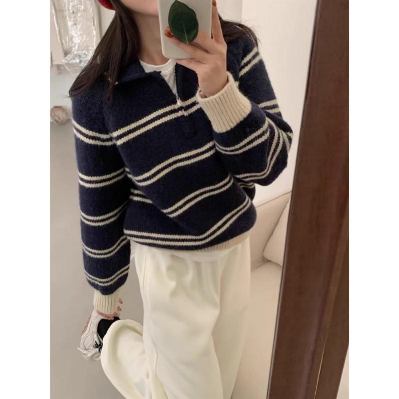 Korean-Style Striped Polo Collar Loose Thick Top for Autumn/Winter Women