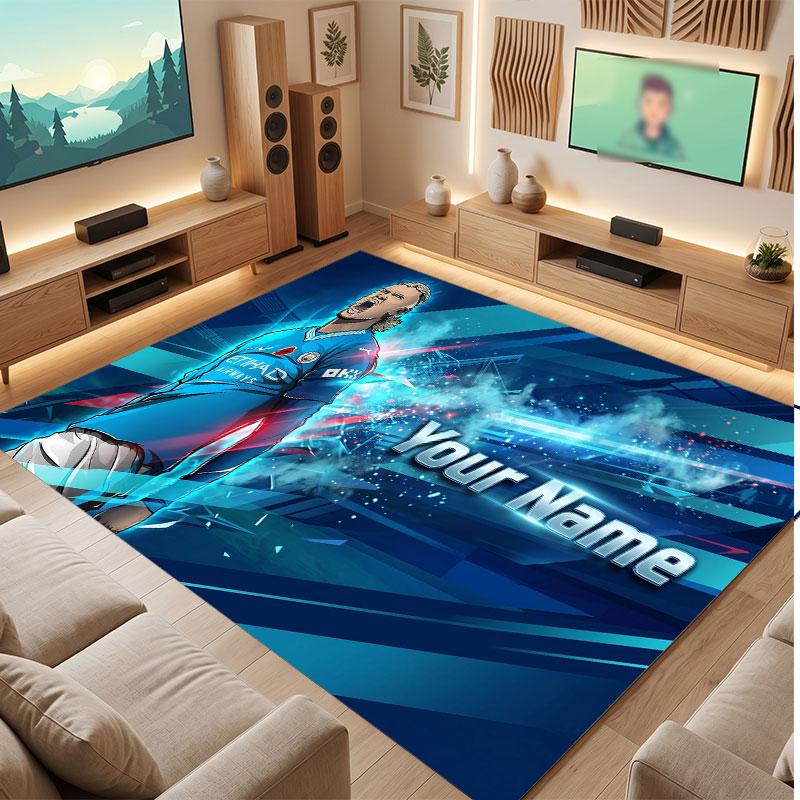 Erling Haaland Custom Crystal Velvet Rug, Personalized Name Text Print, Football Logo Soft Non‑Slip Floor Mat Home Decor Gift