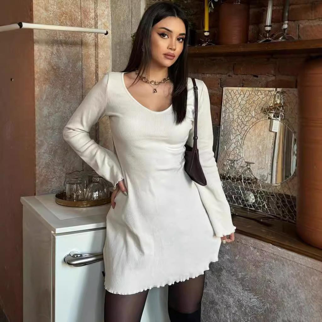 Summer New Solid Color Fashion Long-sleeved Waist Dress