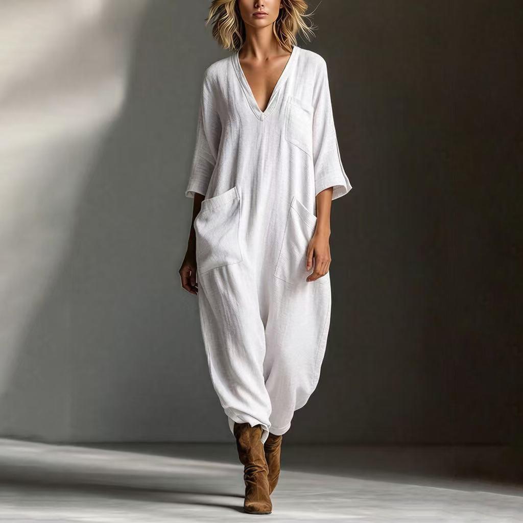 Women's Fashionable And Casual Buttoned V-neck Half Sleeve Pocket Jumpsuit