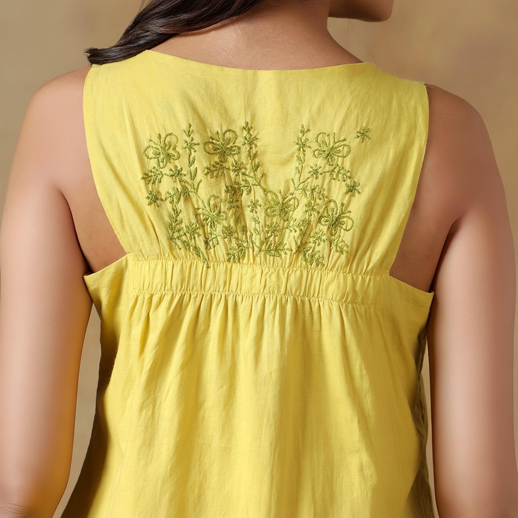 Yellow Cotton Handcrafted Chikankari Racerback Dress S жёлтый