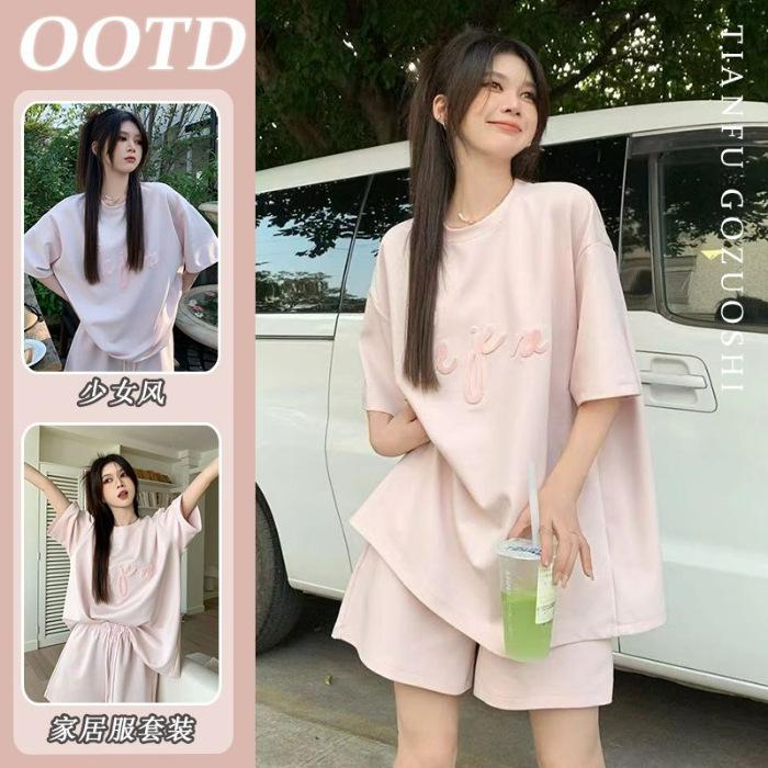 

[High-quality imitation cotton] Lazy wind short-sleeved women s summer Korean version student loose pajamas two-piece set M