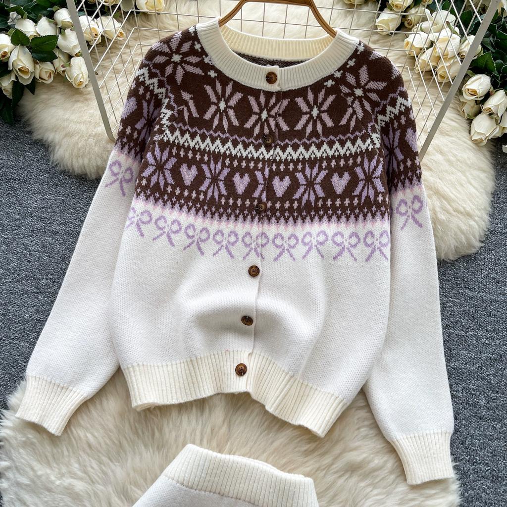 Autumn Winter Women Vintage Jacquard Knitted Sweater Two Piece Set Single Breasted Cardigans Tops and Mini Short Sheath Skirt Suit