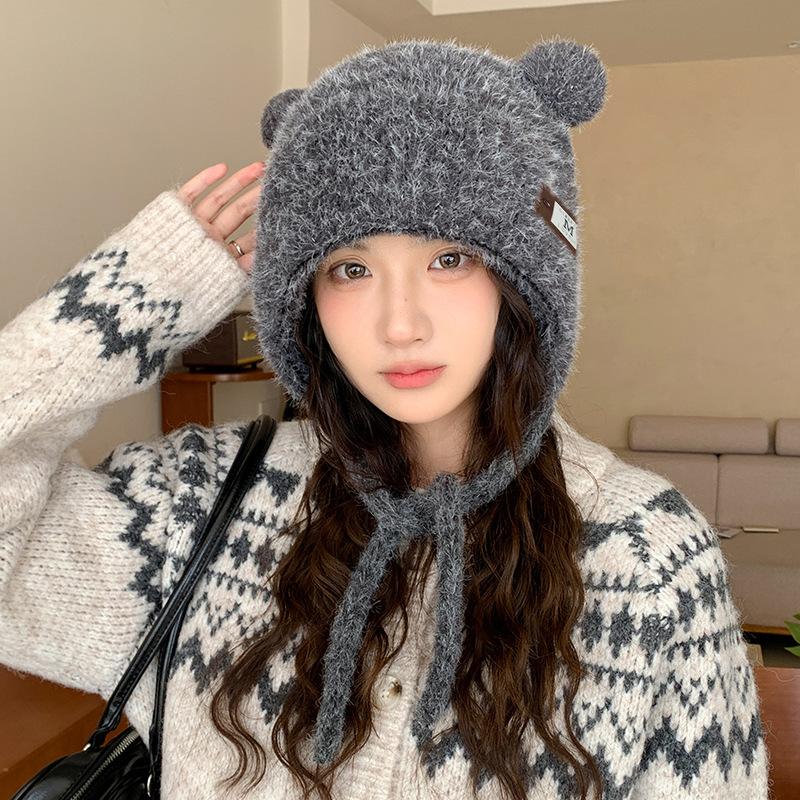 Autumn and Winter Warm and Cold Hat Big Head Circumference Showing Face Small Knitted Hat Cute Plush Bear Ears Warm Lei Feng Hat for Women