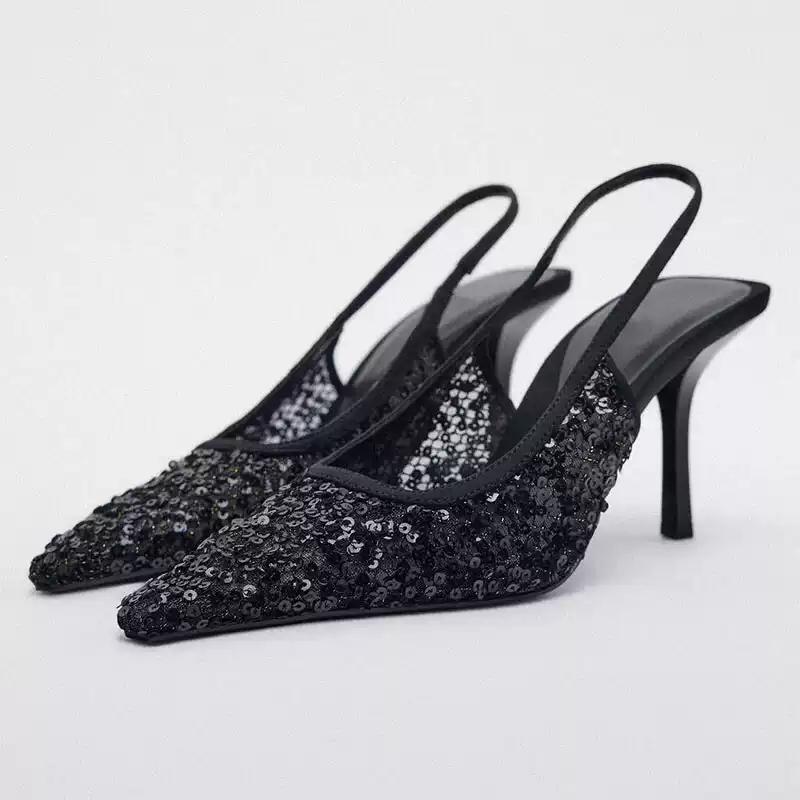 Luxury Sequin Slingback Sandals Women Sexy Pointed Toe Stiletto High Heels Glitter Summer Party Wedding Evening Dress Shoes