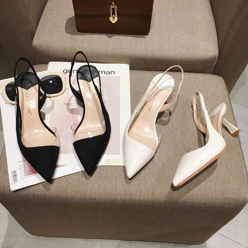 398-5 Einfache dünne Absätze flacher Mund Taschenkopf Damenschuhe neue französische Temperament leere transparente Sandalen spitze hohe Absätze