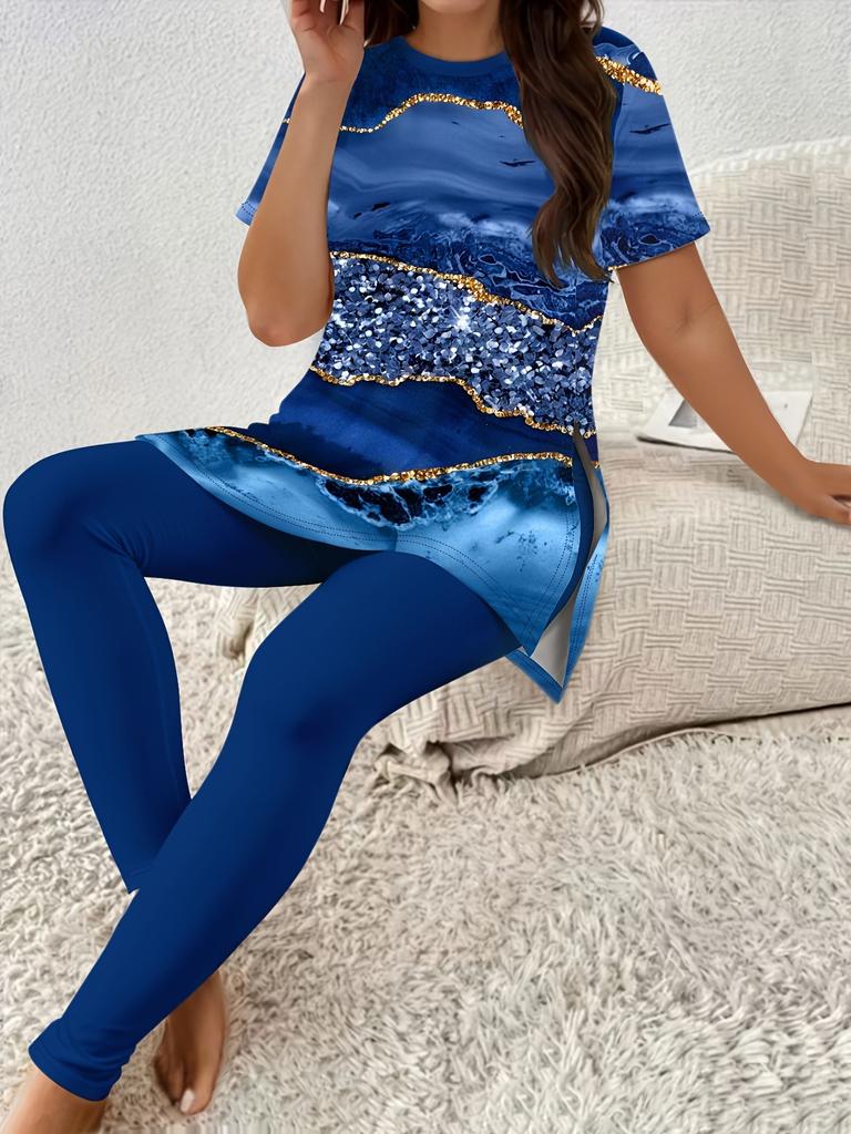 Butterfly European and American Letters Round Neck Starry Sky Color Gradual Change Short Sleeve Yoga Trousers Set