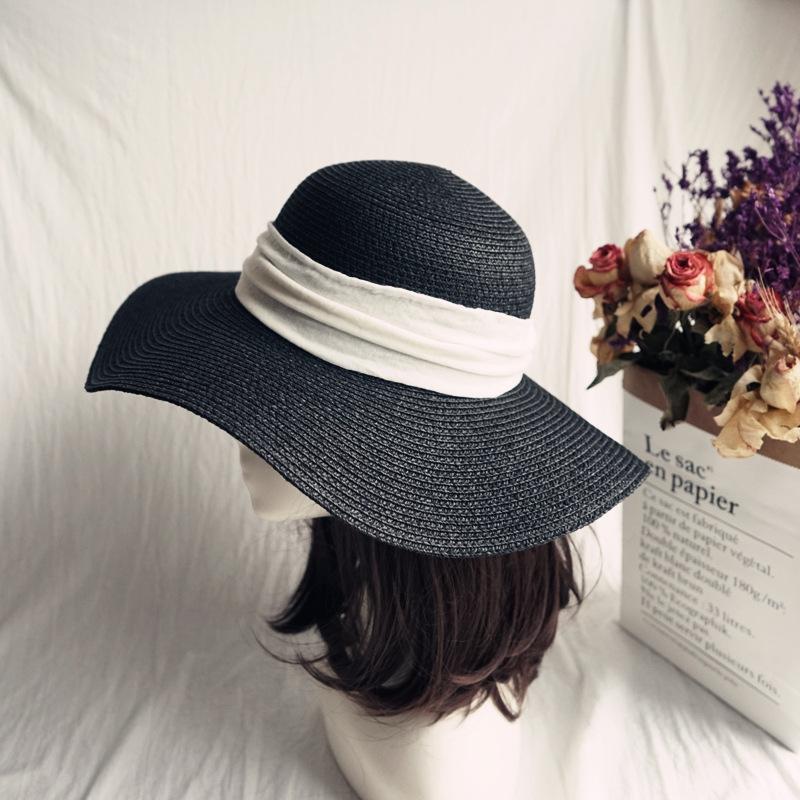 Hepburn Elegant Black Vintage French Wave Big Brim Straw Hat Women'S Sunscreen Shade Resort Beach Sun Hat