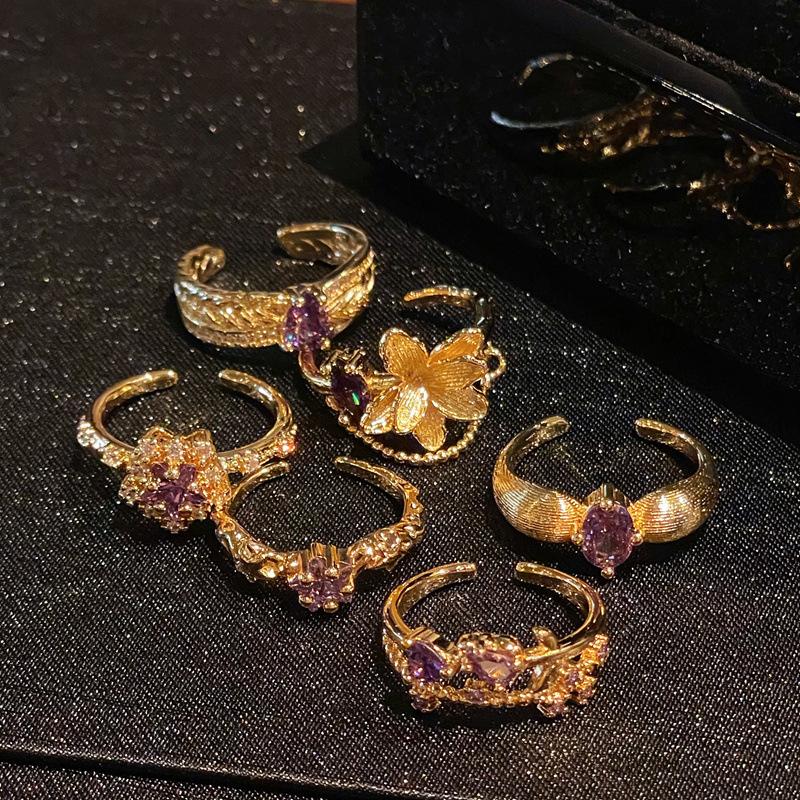 Medieval French Retro Nine Purple Off Fire High-End Purple Zir*****Pen Ring Wheat Ear Flower Accessories Women