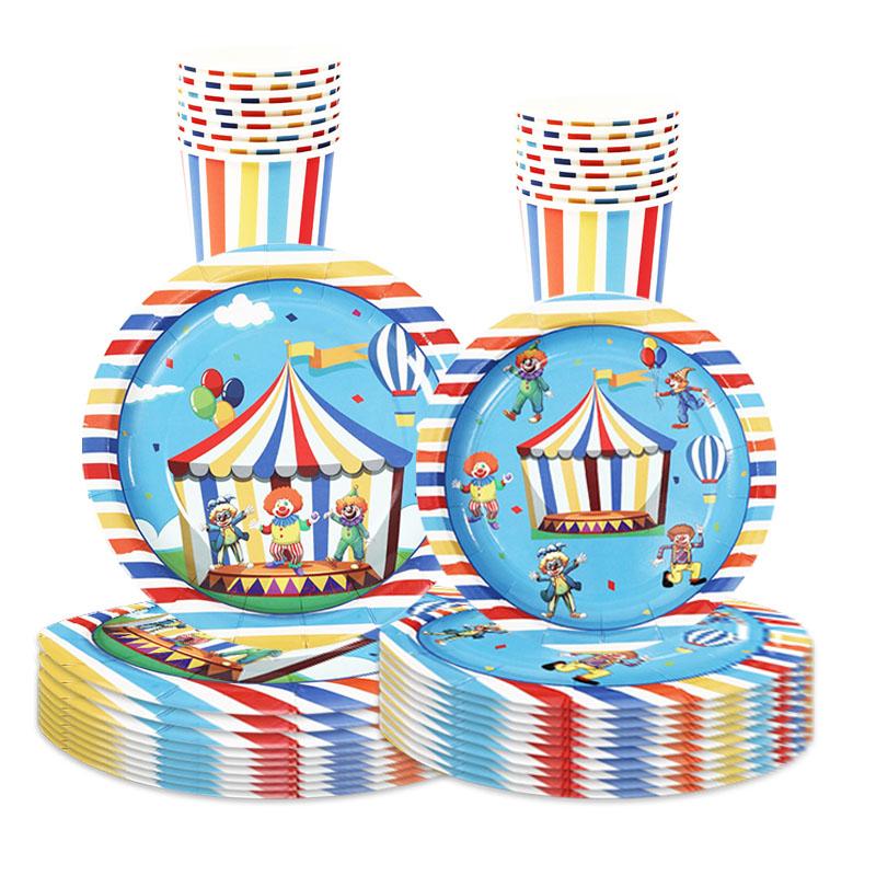 Circus Theme Birthday Disaposable Tableware Children's Day Circus Clown Plates Cups Napkins Kids Boys Happy Birthday Party Decor
