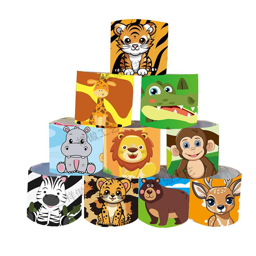 12PCS Forest Animal Slap Bracelets – Zebra, Tiger, Lion & Hippo Design