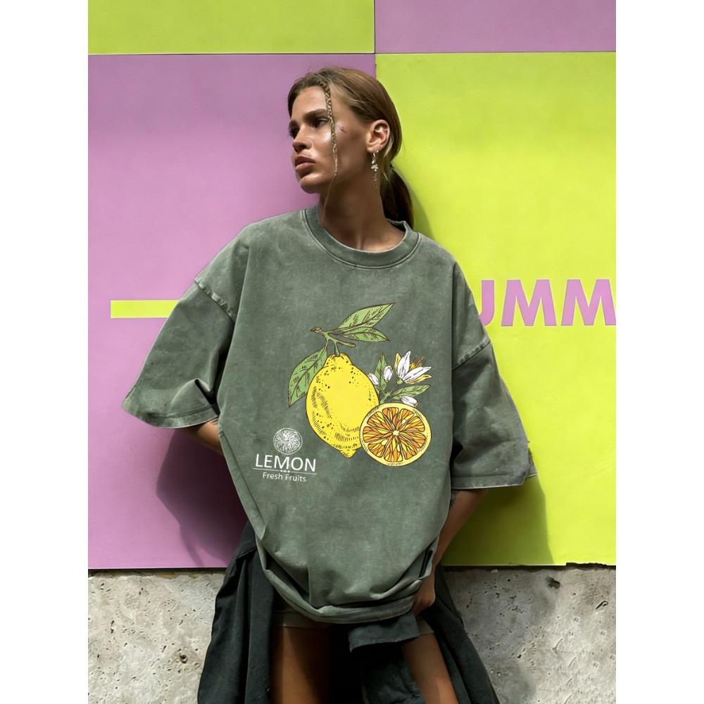 Fresh Fruits Lemon Printing Washed T Shirts Women Cotton T-Shirt Sport Summer Clothing Loose Hip Hop Short Sleeves