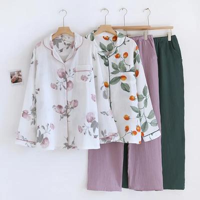 Nuevo conjunto de pijama para mujer, 100 % algodón crepé, estampado floral, sencillo, de manga larga, de dos piezas.