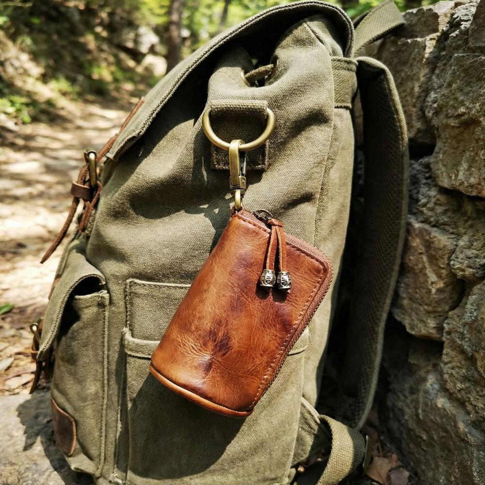 Vintage Genuine Leather Key Holder Zipper Key Wallet Case Cowhide Coin Purse Handmade Keychain Pouch for Men Women