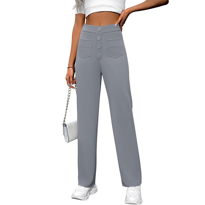 Women Casual High Waist Button Pocket Loose Straight Long Pants