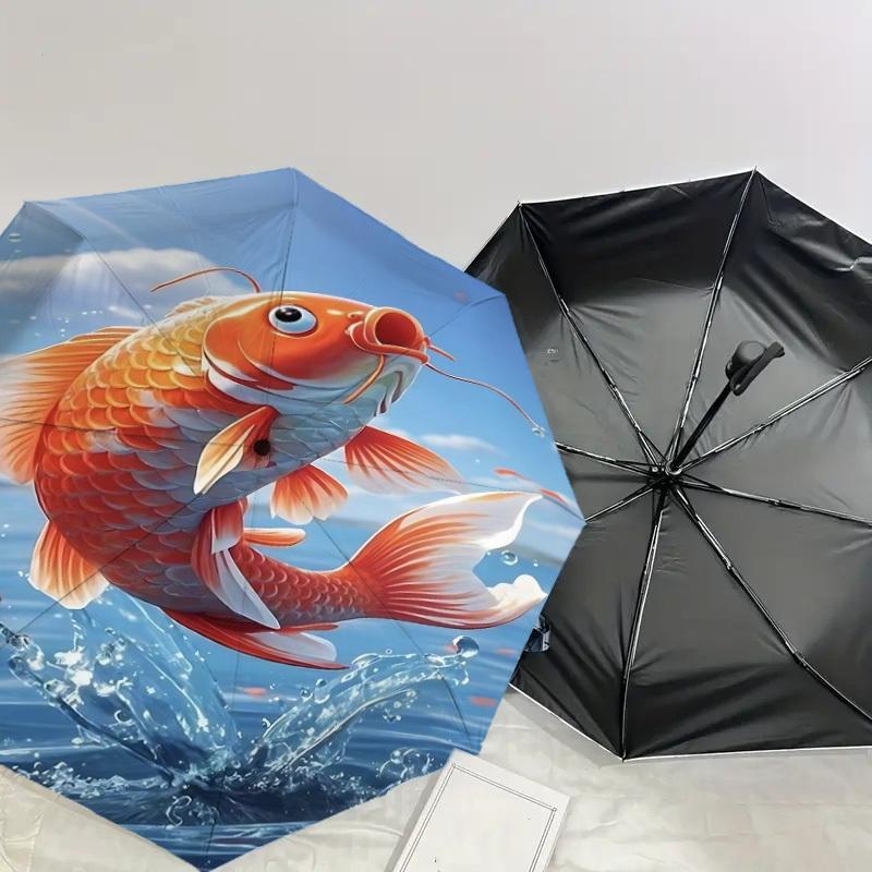 1PC Koi fish Automatic Open/Close Umbrella with Windproof, 8-Rib Sturdy Canopy, Durable Ribs, Fashionable Design, Outdoor Accessory, Fun Prin, Holiday