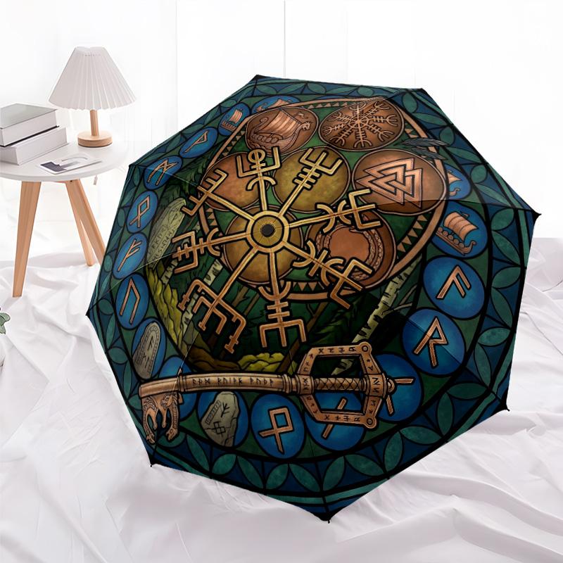 Symbols Runes pattern umbrella, portable and foldable design, 8 ribs, a casual accessory for Halloween, Christmas, and birthday gifts.