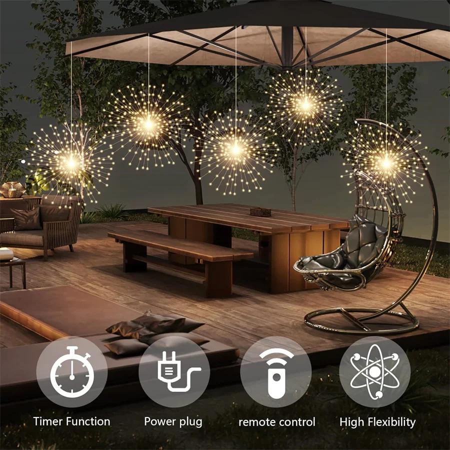 600/1200 LED Solar Firework Hanging Lights Outdoor Fairy Christmas Starburst Lights Waterproof Solar Copper Wire Garland Lights